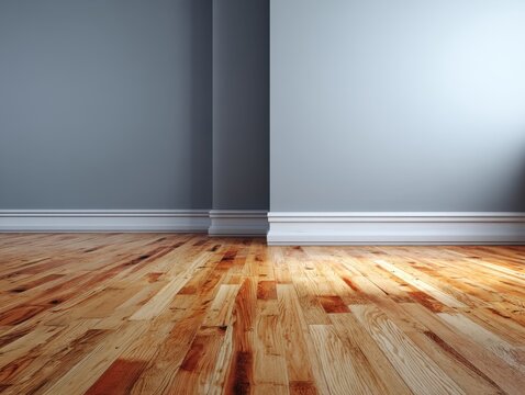 Interior room low angle featuring hardwood floor gray wall and white baseboard in modern home or apartment