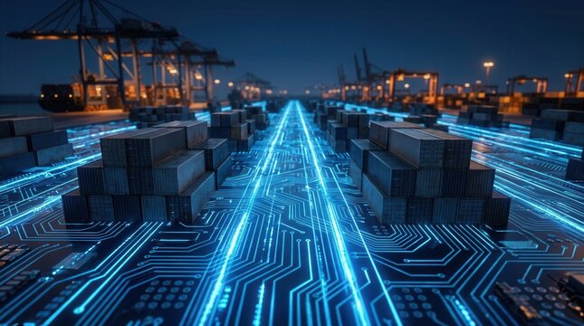 Automated tech and digital network infrastructure for efficient cargo distribution with containers on a glowing blue circuit board path.