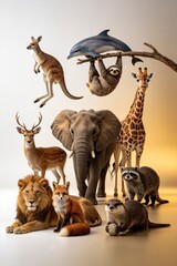 Fototapeta premium Epic Animal Collage Of Elephant Giraffe Lion Kangaroo Sloth Bear Deer And Otter In Varied Action Poses Against Soft Light Grey Studio Background