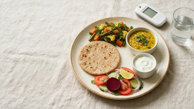 Traditional Indian thali meal plate served alongside medicine bottle and pills, health nutrition and wellness concept