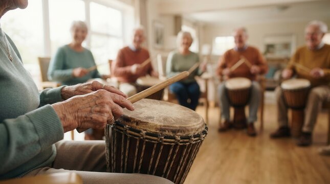 Music therapy session with seniors playing hand drums and sticks for mental wellbeing and social interaction.
