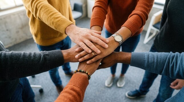 Hands placed together by a diverse group of young adults in an office, representing organizational teamwork and support for a common goal.