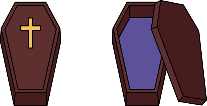 Wooden coffin with a cross and open casket vector illustration.