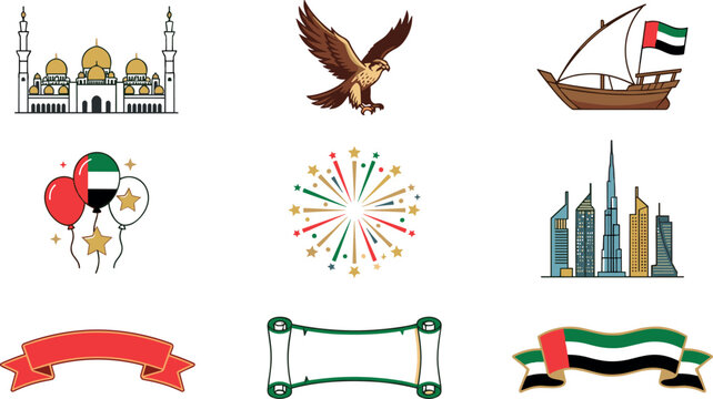 UAE national symbols and icons set featuring mosque, falcon, dhow boat, skyline, and banners.