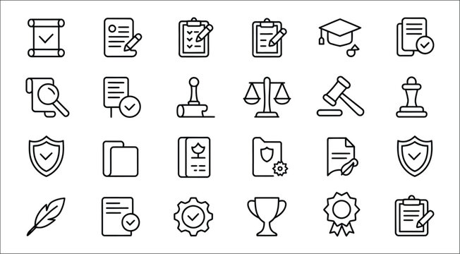 Legal document icon set with editable stroke, outline collection featuring ethics contract icons, signature pen, affidavit, certificate, and legal documentation symbols for law firms, compliance.