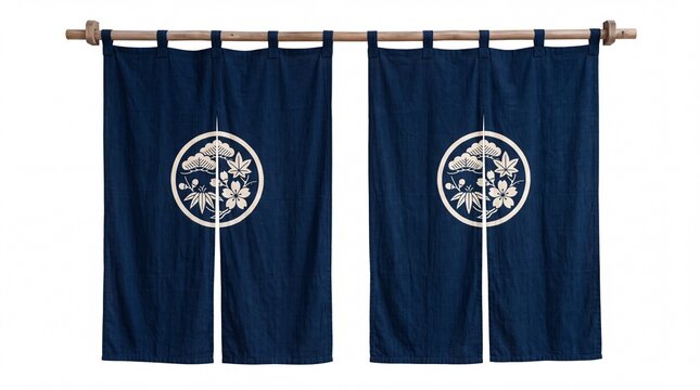 Traditional blue Japanese noren curtain featuring elegant floral and pine emblem patterns hanging on white background