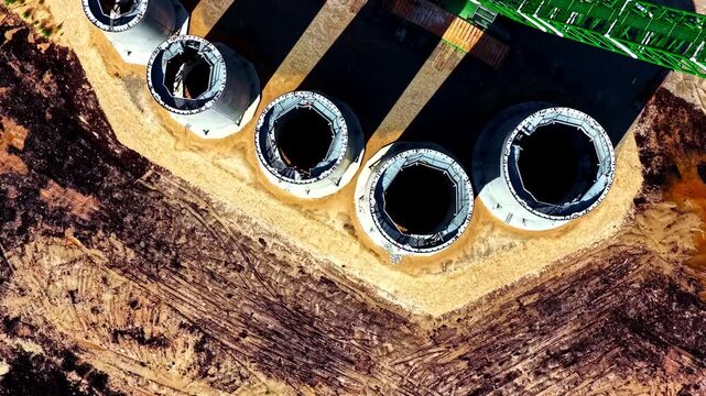 Aerial view of four large industrial storage tanks situated on a construction site with visible tire tracks in the soil in Riga, Latvia.