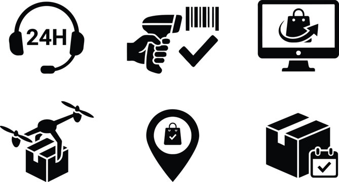 Set of black e-commerce and logistics vector icons with 24 hours customer support, barcode scanner, online shopping computer, delivery drone, store location pin, and scheduled package delivery.
