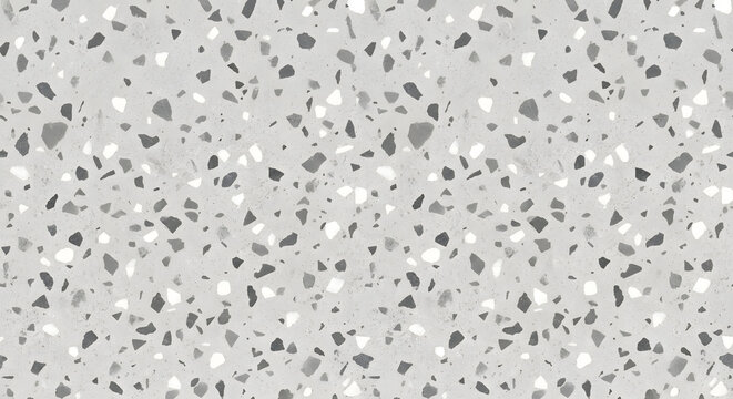Monochrome terrazzo texture with grey and white stone flecks on light background, minimal neutral surface
