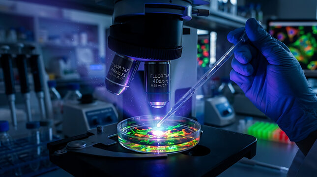 Fluorescent scientific analysis of sample using pipette and microscope in dark research lab with fluorescence, research
