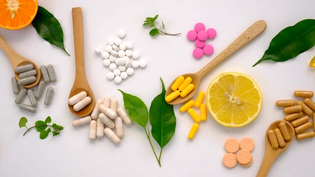Various tablets and capsules, supplements and vitamins. Selective focus.