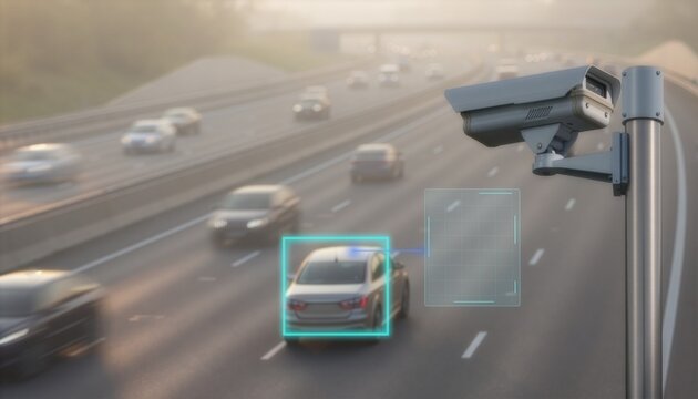 A traffic surveillance camera tracking a car with a digital box on a busy highway road, concept of smart city, automatic license plate recognition, and speed monitoring