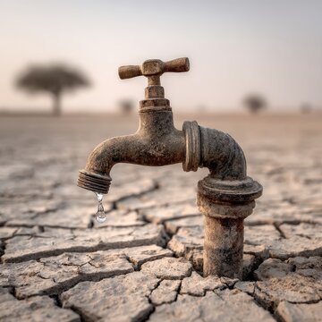 Rusty Faucet Dripping Water on Cracked Earth in Arid Landscape Conceptual Shot of Drought and Water Scarcity