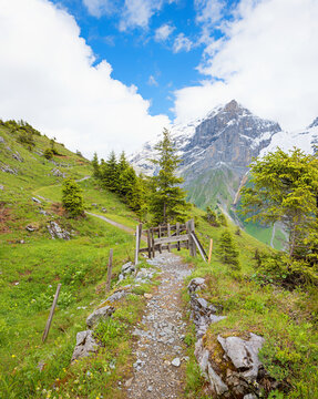 beautiful round trail Furenalp, view to Schlossberg mountain, hiking area Engelberg, Uri