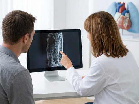 Doctor explaining medical x-ray scan results of spine to patient during consultation in clinic with x ray, hospital