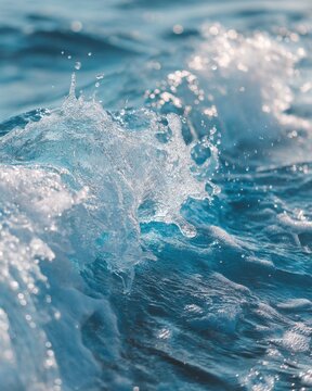 Close up of ocean wave cresting and splashing in bright sunlight with turquoise blue water and dynamic energy from low angle