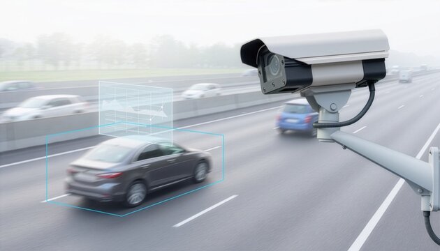 Close up of a security CCTV camera monitoring traffic and scanning a car with digital data overlay on a busy highway road, concept of artificial intelligence smart city