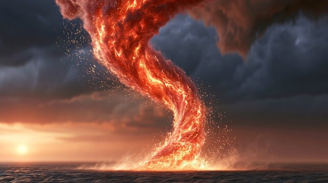 Dramatic image of a fiery waterspout tornado forming over ocean under stormy dark sky