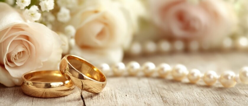 Wedding rings closeup on wooden surface with roses and pearls soft focus romantic still life for marriage or engagement