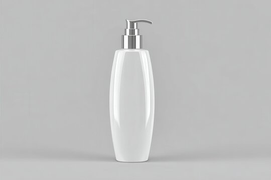 White bottle with pump on gray background studio shot product mockup for cosmetic or hygiene products clean look