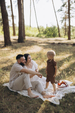 Parents and their toddler son sharing a joyful summer picnic on a blanket in a natural park, creating cherished family memories