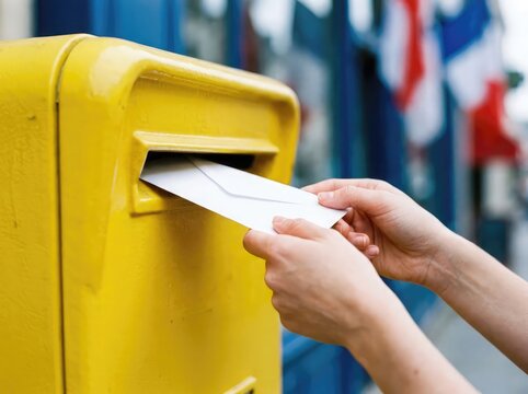 Person placing a white envelope into a bright yellow public mailbox on a city street with mailbox slot, post office