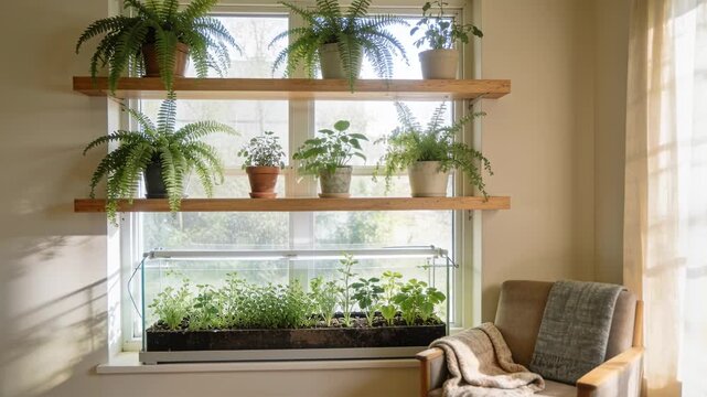 Walking man in blue scrubs passing window, sunlight bathing plant shelves and seedling tray