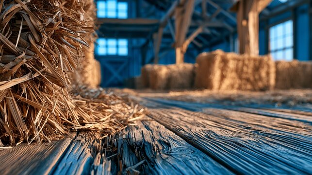 Close-up of haystack with rustic wooden floor inside barn at sunset