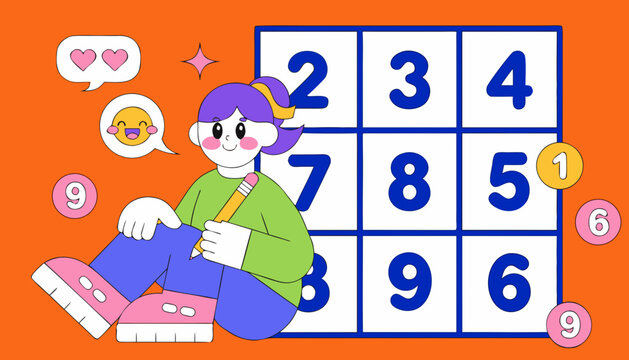Flat vector illustration of girl solving sudoku puzzle, young student with pencil and numbers grid, educational math game for kids and students
