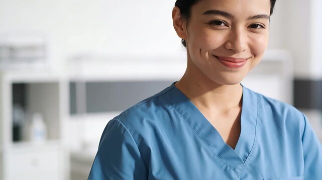 Noticing scrub top slipping, adult Asian nurse tightening light blue scrubs at clinic counter
