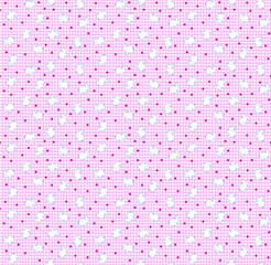 Pink polka dot pattern with small white and red elements. © Wolfworker