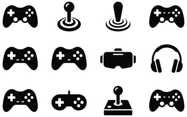 Video game controllers and arcade joystick silhouette icons including virtual reality glasses and modern headset collection. © MRSTOCK LAB