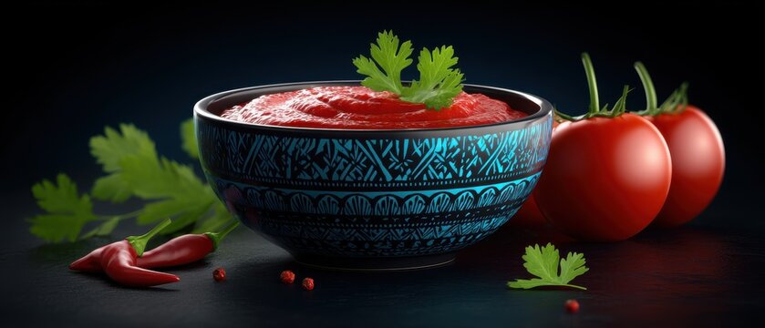 Vibrant Tomato Sauce in Patterned Bowl Still Life Dark Food Photography with Red Peppers and Cilantro Garnish for Culinary Art