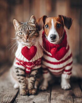 Cat and dog wearing heart sweaters sit side by side studio shot on wooden background adorable friendship love valentine