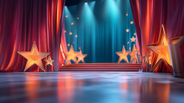 Illuminated stage with red curtain and shining star decoration in spotlight