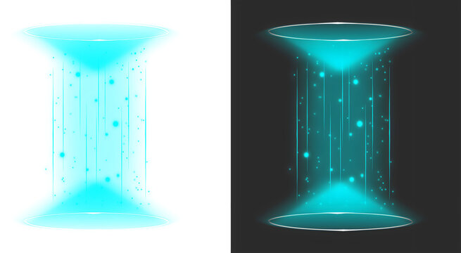 Luminous blue futuristic portal cylinder light graphic element isolated on light and dark backgrounds