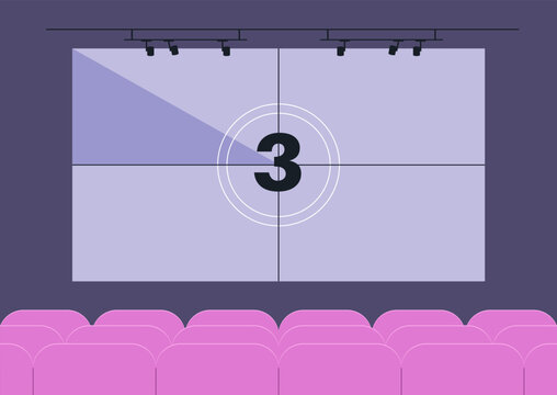 A countdown screen in a cinema with rows of empty seats, art and entertainment