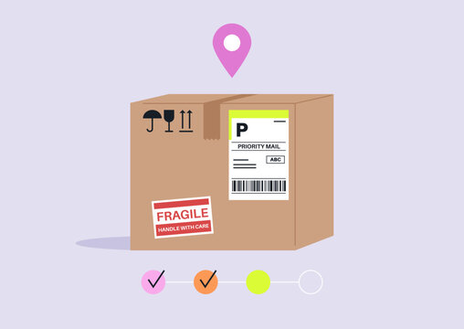 Delivery service, a geo tag hovering above a cardboard box, a progress bar placed under