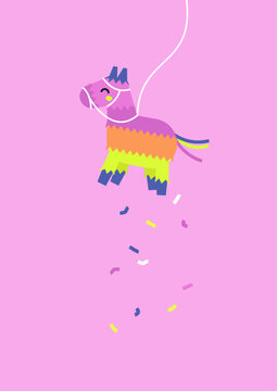 Brightly colored pinata swings joyfully from a sturdy string against soft pink hues, surrounded by a shower of colorful confetti, perfect for festive fun.