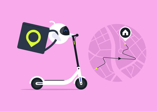 Robot courier seamlessly delivering packages on an electric scooter in a vibrant digital landscape, showcasing the future of delivery services