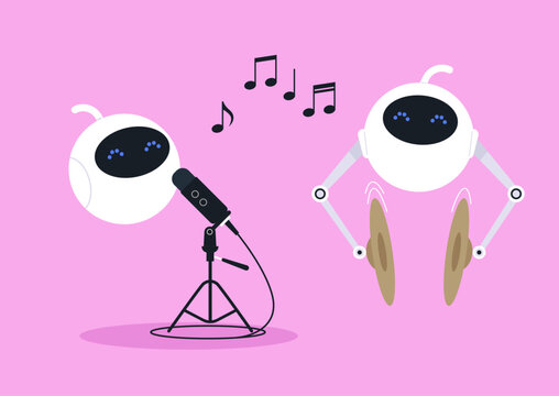 In a colorful room, two whimsical robots bring music to life, One sings into a microphone while the other plays lively percussion, filling the air with happiness.