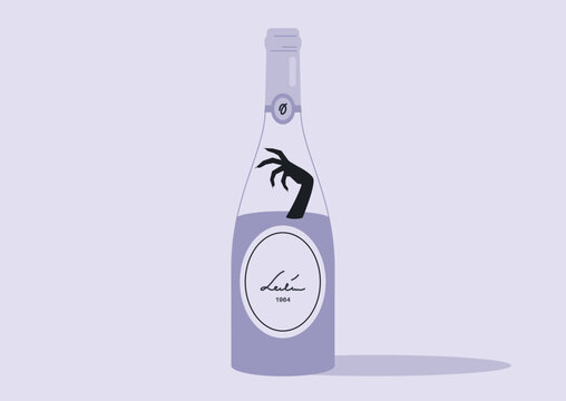 Danger of Alcoholic addiction, A sophisticated wine bottle with a monster hand inside, set against a minimalist background, The label indicates a vintage wine