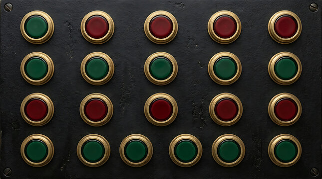 Panel with red and green buttons in rows and columns vintage control panel interface.
