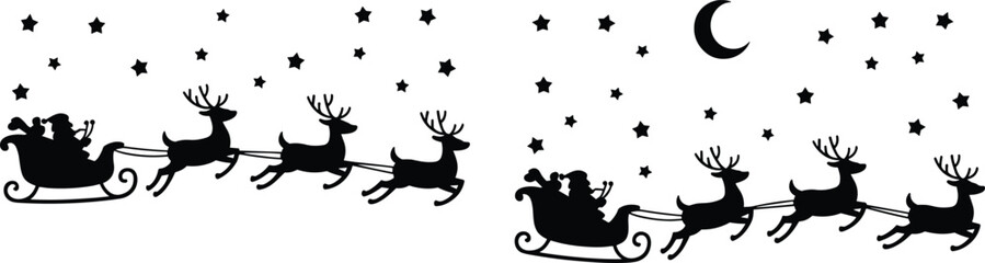 Silhouette of Santa Claus flying in a sleigh pulled by reindeer across a starry night sky © MdDulal