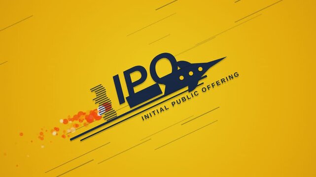 Initial public offering text logo animation on yellow background for corporate videos.
