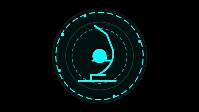 Abstract digital HUD circle interface featuring a glowing cyan gymnast silhouette performing a graceful backbend yoga pose in high resolution motion