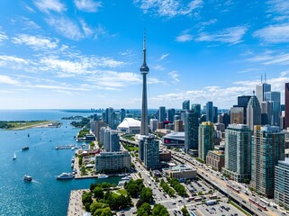 Fototapeta premium Aerial view of the toronto city skyline featuring the iconic cn tower and lake ontario on a sunny day
