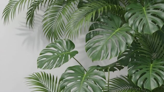 Lush tropical greenery border with monstera leaves and palm fronds swaying gently on a clean white background