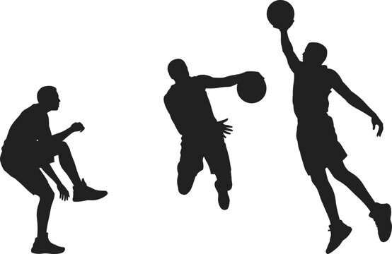 Set of male basketball player silhouettes showing dynamic action moves jumping dribbling and slam dunking poses