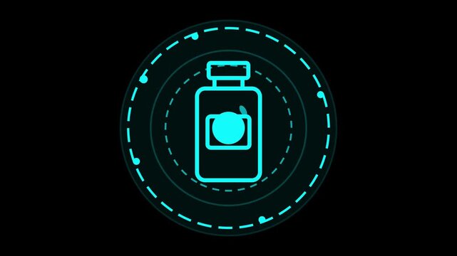 Neon glowing technology medical pill bottle HUD interface futuristic digital data screen vector illustration design concept